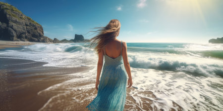 Beautiful young woman in long dress walking on the beach at sunsetの素材