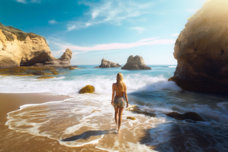 Beautiful woman in bikini on the beach at sunset. toned imageの素材