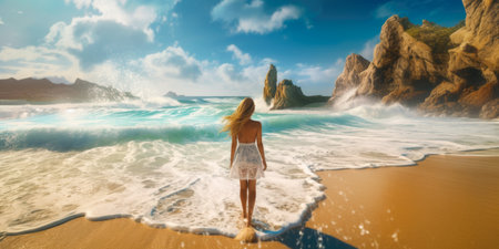 Beautiful young woman walking on the beach at sunset.の素材