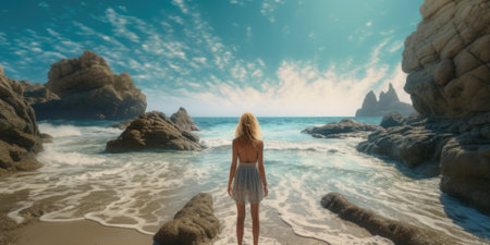 Beautiful woman in a dress on the beach.の素材