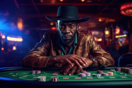 Portrait of an african american man playing roulette in casinoの素材