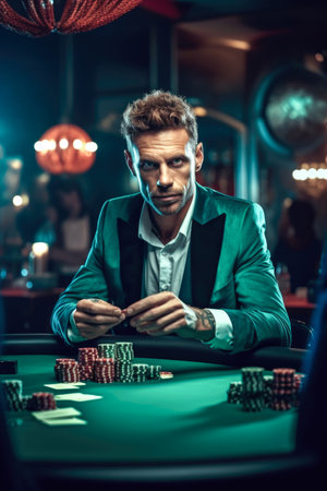 Portrait of a handsome young man playing poker at the casino.の素材