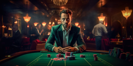 Handsome man playing poker at the casino. casino poker.の素材