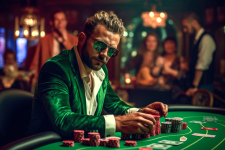 Caucasian man playing poker at the casino. Young caucasian man in green suit and sunglasses.の素材