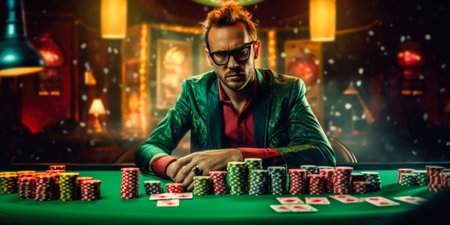Man playing poker at the casino. Casino chips and cards on green table.の素材