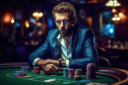 Young caucasian man playing poker at the casino. casino concept.の素材