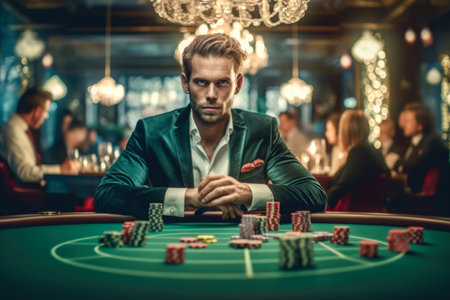 Handsome caucasian poker player sitting at green table in casinoの素材