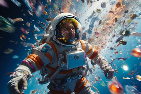 Spaceman in spacesuit floating in the ocean. mixed mediaの素材