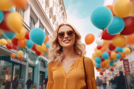 beautiful blonde girl in sunglasses with colorful balloons walking on city streetの素材