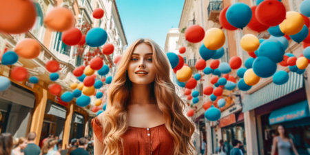 Beautiful girl in a red dress walks through the city with balloons.の素材