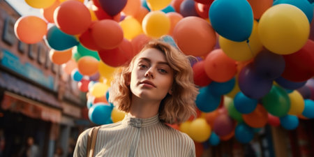 Portrait of beautiful young woman with colorful balloons in the city.の素材