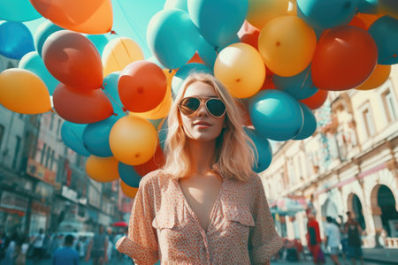 Blonde girl in sunglasses with colorful balloons on the city street.の素材