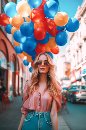 Portrait of a beautiful young woman with colorful balloons in the city.の素材