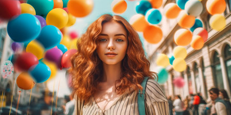 portrait of beautiful redhead girl with colorful balloons on city streetの素材