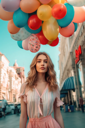 Portrait of a beautiful girl with balloons on the background of the city.の素材