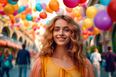 Beautiful young woman with colorful balloons on the background of the cityの素材