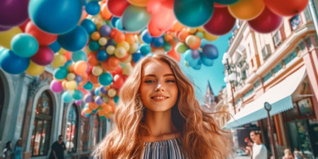 Beautiful young woman with colorful balloons on the background of the cityの素材