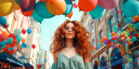 Outdoor portrait of beautiful young redhead woman with colorful balloons.の素材