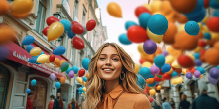 Cheerful young woman with colorful balloons walking in the city.の素材