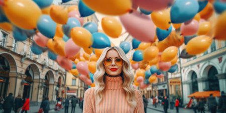 Beautiful young woman with colorful balloons in the city. Woman with balloons in the city.の素材