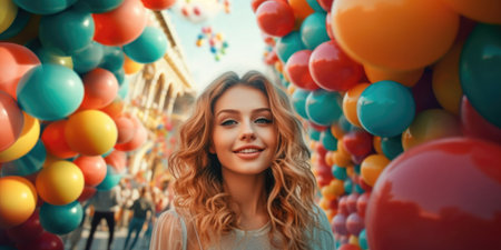 Portrait of a beautiful blonde girl with long curly hair on the background of balloons.の素材