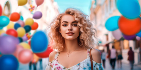 Beautiful young woman with colorful balloons in the city. Girl with curly hair.の素材