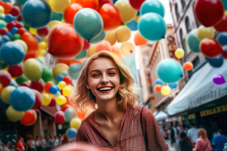 Portrait of a beautiful blonde girl with colorful balloons in the city.の素材