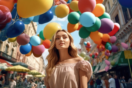 Beautiful girl with colorful balloons on the background of the city.の素材