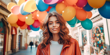 Cheerful young woman with colorful balloons in the city center.の素材