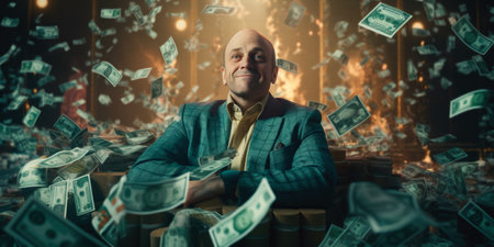 Businessman sitting on a stack of dollars and looking at the cameraの素材