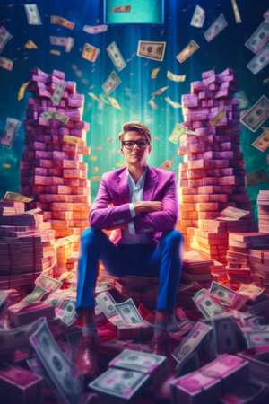 Businessman sitting on the pile of money and looking at the cameraの素材