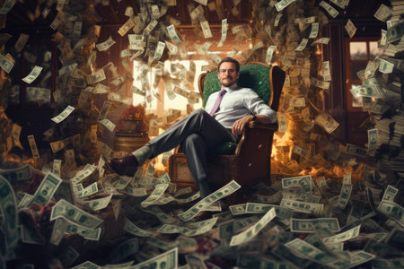 Businessman sitting on a chair in a dark room full of moneyの素材