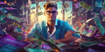 Portrait of a young man with money in his hands sitting at the table.の素材