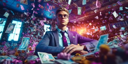 Portrait of a handsome young man in a suit and glasses on the background of falling money.の素材