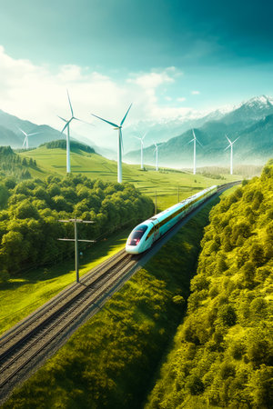 High-speed train on the background of the mountains and wind turbinesの素材