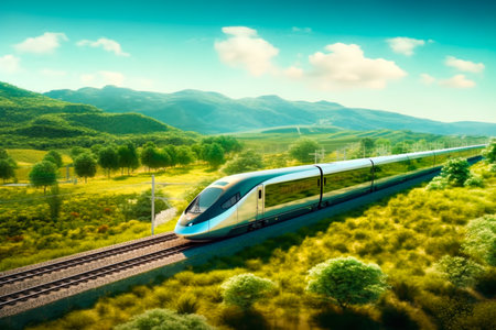 High speed train in the mountains. view from above. Concept of travel and tourism.の素材