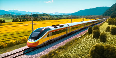 High-speed train on the railroad in the middle of the rapeseed fieldの素材