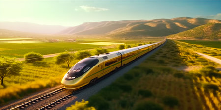 A high-speed train moves through the agricultural landscape.の素材