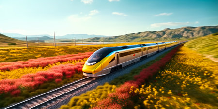 High speed train in the field with colorful flowers.の素材