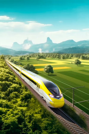 High speed train on the railway in the mountains.の素材
