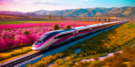 High-speed train on the background of pink flowers in the fieldの素材