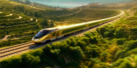 High speed train in motion on the background of green hills and forestの素材