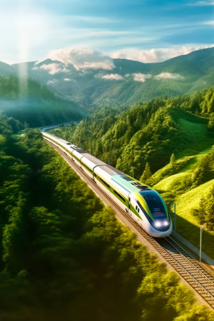 High-speed train moves along the high-speed tracks in the mountains.の素材