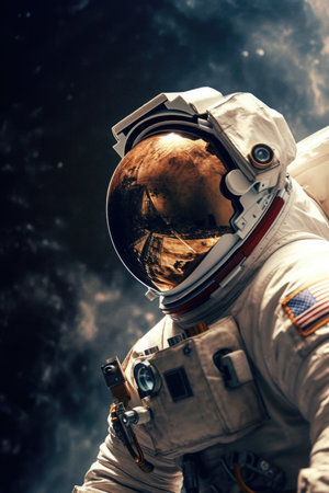Astronaut in spacesuit and helmet against the background of the planet.の素材