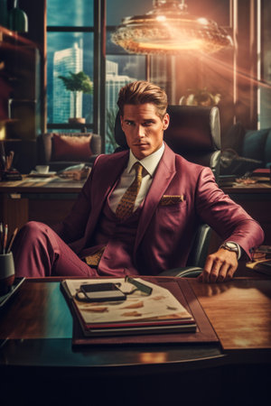 Portrait of a handsome young man in a classic suit sitting in a cafe.の素材