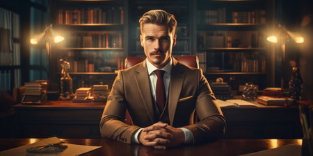 Handsome young lawyer is sitting at the table in his office.の素材