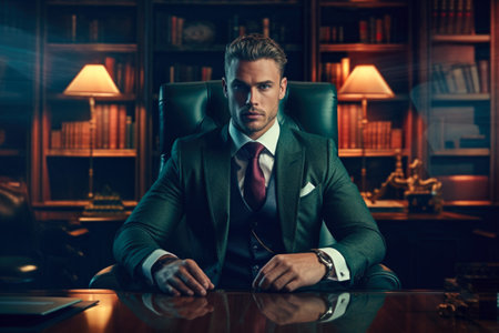 Portrait of a handsome businessman sitting at his desk in his office.の素材