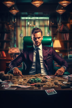 Portrait of a handsome man playing poker in a casino. poker.の素材