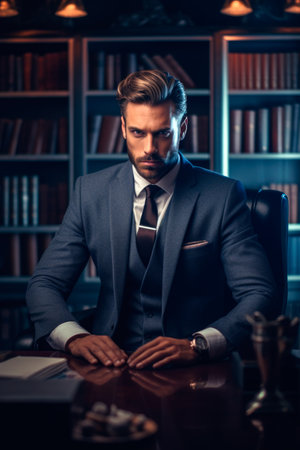 Portrait of a handsome businessman sitting at his desk in the office.の素材