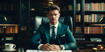 Handsome businessman sitting in office and looking at camera. Serious man in formalwear sitting at desk and working with papers. business conceptの素材